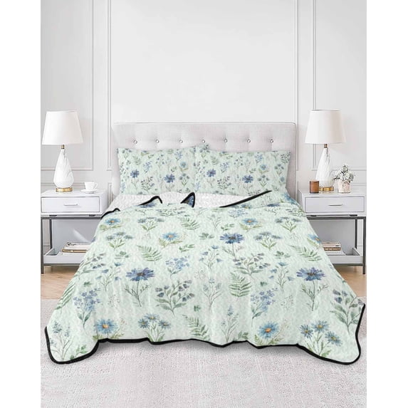 Quilts Twin Size, Blue Floral Spring Soft Comforter Bedding Set for Bed, Sage Green Farmhouse Botanical Chic Lightweight Quilted Bedspread with Pillow Cover(2 Pieces) for All Season, 68x86 Inch