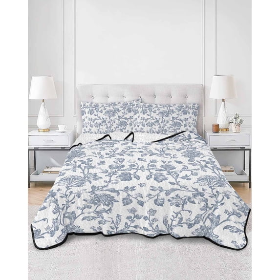 Quilts Twin Size, Blue Flower Soft Comforter Bedding Set for Bed, Vintage Farmhouse Boho Leaf Spring Summer Lightweight Quilted Bedspread with Pillow Cover(2 Pieces) for All Season, 68x86 Inch