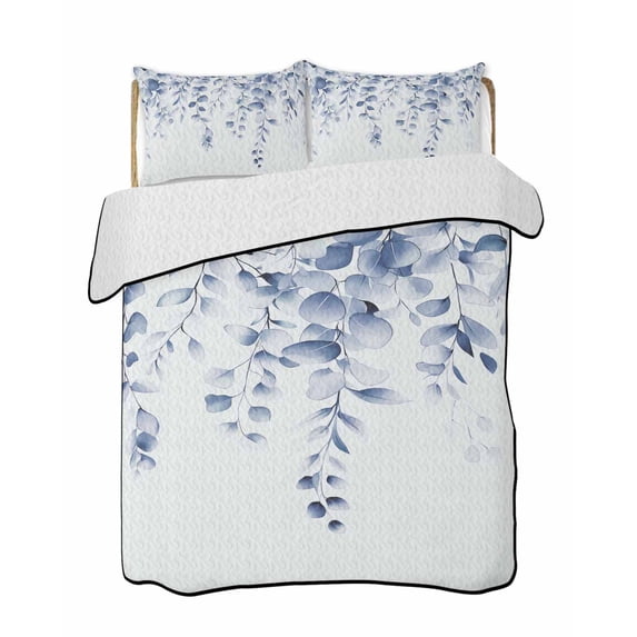 Quilts Twin Size, Blue Grey Eucalyptus Leaves Soft Comforter Bedding Set for Bed, Spring Rustic Botanical Lightweight Quilted Bedspread with Pillow Cover(2 Pieces) for All Season, 68x86 Inch
