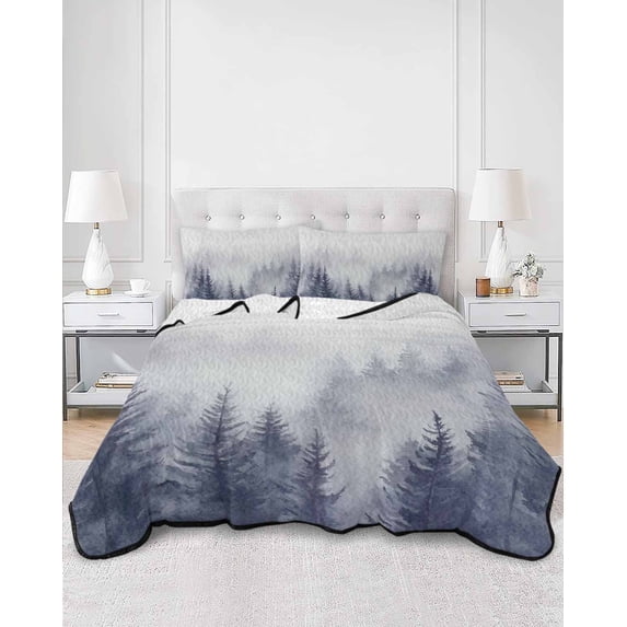 Quilts Twin Size, Blue Mist Forest Soft Comforter Bedding Set for Bed, Pine Larch Trees Natural Landscape Lightweight Quilted Bedspread with Pillow Cover(2 Pieces) for All Season, 68x86 Inch
