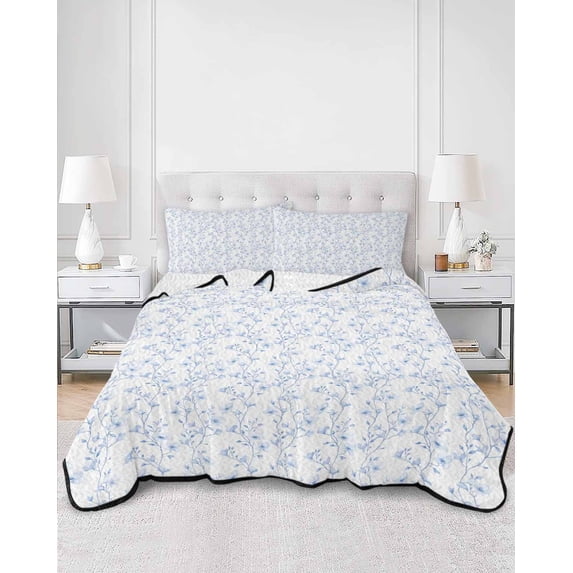 Quilts Twin Size, Blue Spring Floral Soft Comforter Bedding Set for Bed, Elegant Watercolor Summer Botanical Lightweight Quilted Bedspread with Pillow Cover(2 Pieces) for All Season, 68x86 Inch