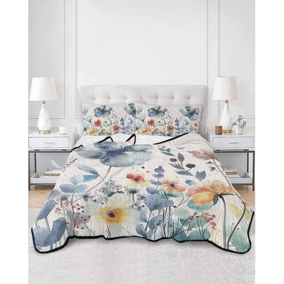 Quilts Twin Size, Blue Spring Floral Soft Comforter Bedding Set for Bed, Vintage Watercolor Summer Botanical Lightweight Quilted Bedspread with Pillow Cover(2 Pieces) for All Season, 68x86 Inch