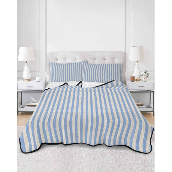 Quilts Twin Size, Blue Striped Soft Comforter Bedding Set for Bed, Modern Simple Farmhouse Beige Vintage Lightweight Quilted Bedspread with Pillow Cover(2 Pieces) for All Season, 68x86 Inch