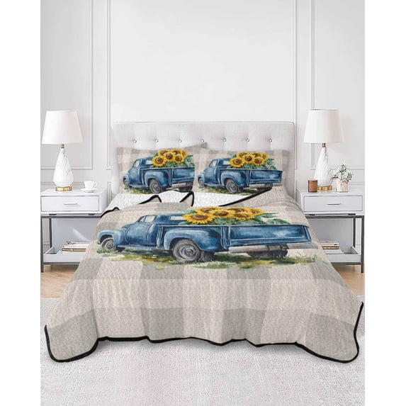 Quilts Twin Size, Blue Truck Yellow Sunflower Soft Comforter Bedding Set for Bed, Summer Grey Plaid Vintage Lightweight Quilted Bedspread with Pillow Cover(2 Pieces) for All Season, 68x86 Inch
