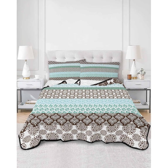 Quilts Twin Size, Boho Geometric Soft Comforter Bedding Set for Bed, Turquoise Green Brown Tribal Stripes Lightweight Quilted Bedspread with Pillow Cover(2 Pieces) for All Season, 68x86 Inch