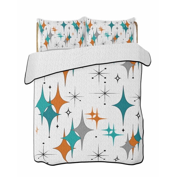 Quilts Twin Size, Boho Middle Century Soft Comforter Bedding Set for Bed, Retro Orange Teal Grey Star Rhombus Lightweight Quilted Bedspread with Pillow Cover(2 Pieces) for All Season, 68x86 Inch