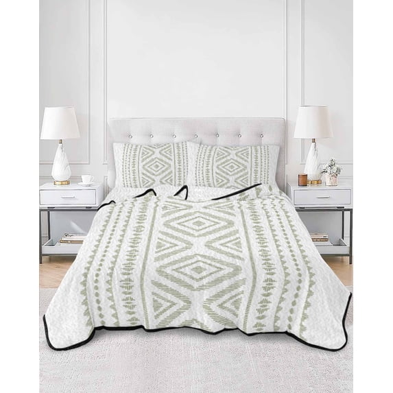 Quilts Twin Size, Boho Sage Green Geometric Soft Comforter Bedding Set for Bed, Vintage Southwestern Stripes Lightweight Quilted Bedspread with Pillow Cover(2 Pieces) for All Season, 68x86 Inch