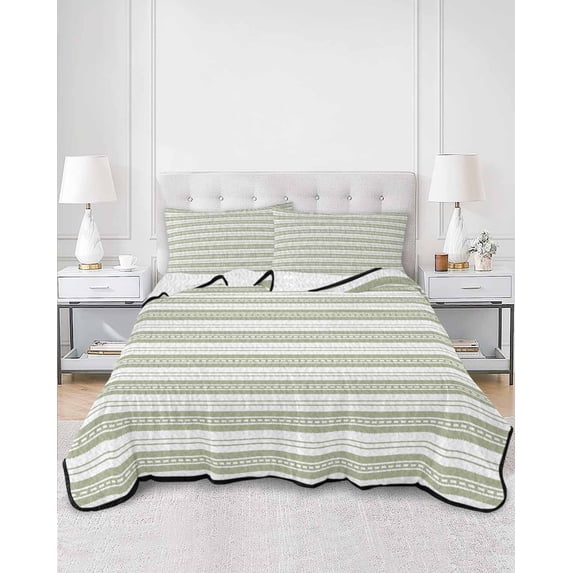 Quilts Twin Size, Boho Sage Green Stripe Soft Comforter Bedding Set for Bed, Abstract Geometric White Minimalist Lightweight Quilted Bedspread with Pillow Cover(2 Pieces) for All Season, 68x86 Inch