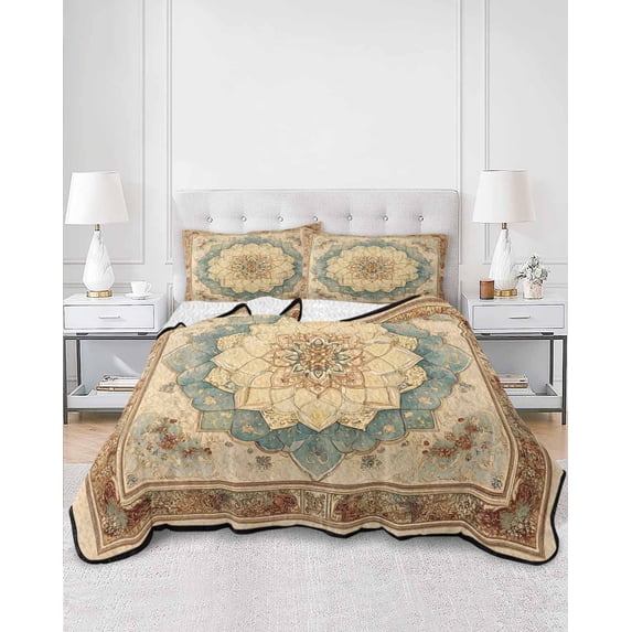 Quilts Twin Size, Brown Teal Floral Soft Comforter Bedding Set for Bed, Vintage Botanical Ethnic Boho Lightweight Quilted Bedspread with Pillow Cover(2 Pieces) for All Season, 68x86 Inch