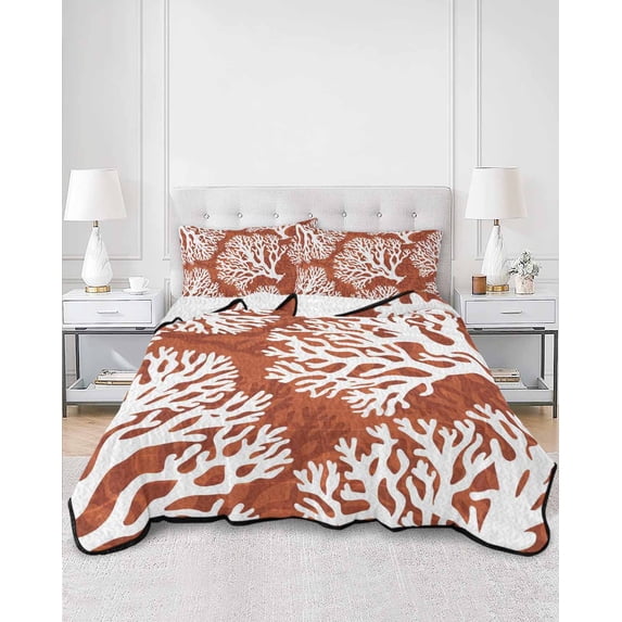 Quilts Twin Size, Burnt Orange Coastal Coral Soft Comforter Bedding Set for Bed, Summer Nautical Sea Beach Ocean Lightweight Quilted Bedspread with Pillow Cover(2 Pieces) for All Season, 68x86 Inch