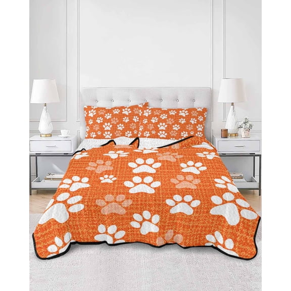 Quilts Twin Size, Burnt Orange White Dog Paw Soft Comforter Bedding Set for Bed, Cute Paws Prints Farmhouse Lightweight Quilted Bedspread with Pillow Cover(2 Pieces) for All Season, 68x86 Inch