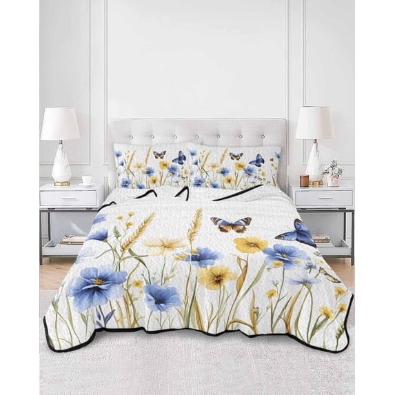 Quilts Twin Size, Butterflies Floral Soft Comforter Bedding Set for Bed, Country Plants Wildflower Leaves Lightweight Quilted Bedspread with Pillow Cover(2 Pieces) for All Season, 68x86 Inch