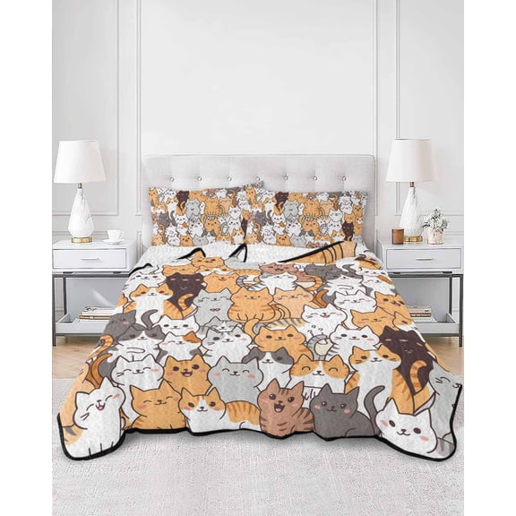 Quilts Twin Size, Cartoon Cat Soft Comforter Bedding Set for Bed, Modern Funny Cute Orange Gray Animals Lightweight Quilted Bedspread with Pillow Cover(2 Pieces) for All Season, 68x86 Inch