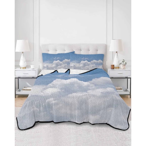 Quilts Twin Size, Clouds Soft Comforter Bedding Set for Bed, Blue White Sky Natural Landscape Lightweight Quilted Bedspread with Pillow Cover(2 Pieces) for All Season, 68x86 Inch