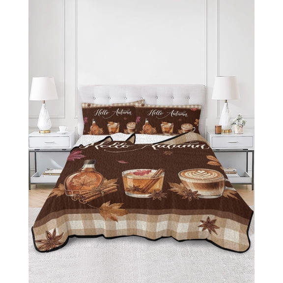 Quilts Twin Size, Coffee Fall Soft Comforter Bedding Set for Bed, Thanksgiving Maple Leaves Vintage Brown Plaid Lightweight Quilted Bedspread with Pillow Cover(2 Pieces) for All Season, 68x86 Inch