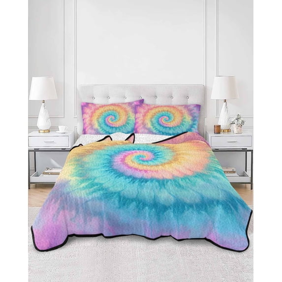 Quilts Twin Size, Colorful Tie Dye Soft Comforter Bedding Set for Bed, Rainbow Ombre Abstract Pattern Art Lightweight Quilted Bedspread with Pillow Cover(2 Pieces) for All Season, 68x86 Inch