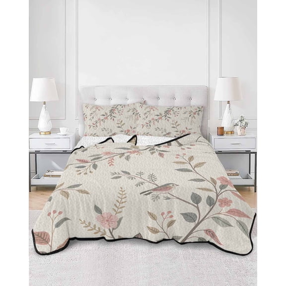 Quilts Twin Size, Country Flowers Soft Comforter Bedding Set for Bed, Farmhouse Botanical Branches Bird Lightweight Quilted Bedspread with Pillow Cover(2 Pieces) for All Season, 68x86 Inch