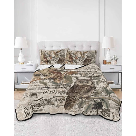 Quilts Twin Size, Country Owl Soft Comforter Bedding Set for Bed, Rustic Sping Floral Botanical Postmark Lightweight Quilted Bedspread with Pillow Cover(2 Pieces) for All Season, 68x86 Inch