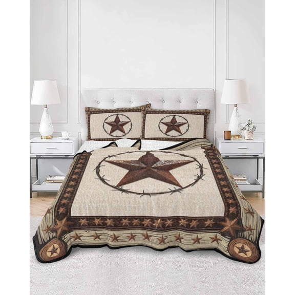 Quilts Twin Size, Country Texas Star Soft Comforter Bedding Set for Bed, Brown Farmhouse Vintage Wooden Lightweight Quilted Bedspread with Pillow Cover(2 Pieces) for All Season, 68x86 Inch
