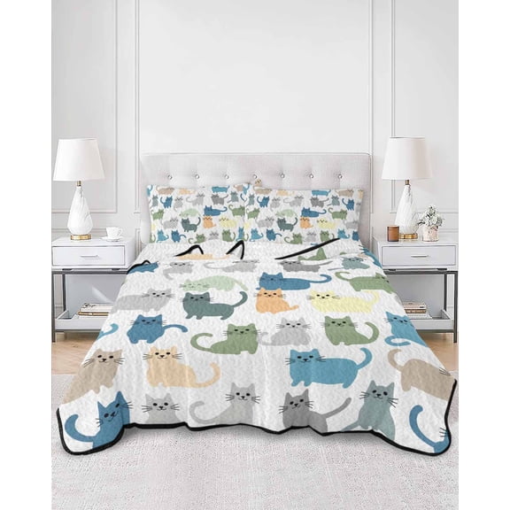 Quilts Twin Size, Cute Cats Animals Soft Comforter Bedding Set for Bed, Pets Colorful Cartoon Simple Lightweight Quilted Bedspread with Pillow Cover(2 Pieces) for All Season, 68x86 Inch