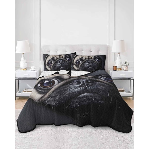 Quilts Twin Size, Cute Dog Soft Comforter Bedding Set for Bed, Black Pet Retro Picture Lightweight Quilted Bedspread with Pillow Cover(2 Pieces) for All Season, 68x86 Inch