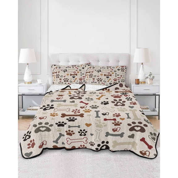 Quilts Twin Size, Dog Paw Soft Comforter Bedding Set for Bed, Vintage Farmhouse Dog Bones Love Heart Lightweight Quilted Bedspread with Pillow Cover(2 Pieces) for All Season, 68x86 Inch