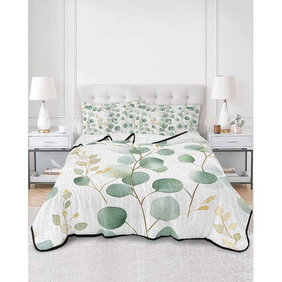 Quilts Twin Size, Eucalyptus Leaves Soft Comforter Bedding Set for Bed, Green Gold Spring Botanical Branch Lightweight Quilted Bedspread with Pillow Cover(2 Pieces) for All Season, 68x86 Inch