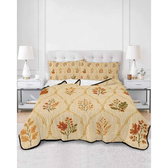 Quilts Twin Size, Fall Leaves Rustic Soft Comforter Bedding Set for Bed, Brown Vintage Farmhouse Pumpkin Lightweight Quilted Bedspread with Pillow Cover(2 Pieces) for All Season, 68x86 Inch
