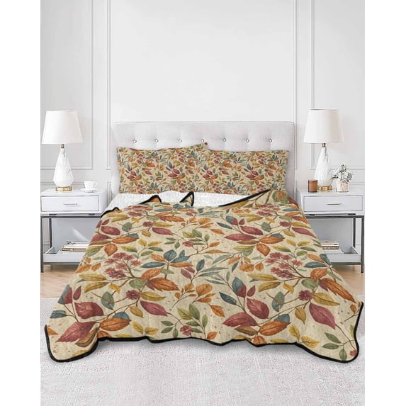 Quilts Twin Size, Fall Leaves Soft Comforter Bedding Set for Bed, Farmhouse Beige Botanical Leaf Autumn Lightweight Quilted Bedspread with Pillow Cover(2 Pieces) for All Season, 68x86 Inch