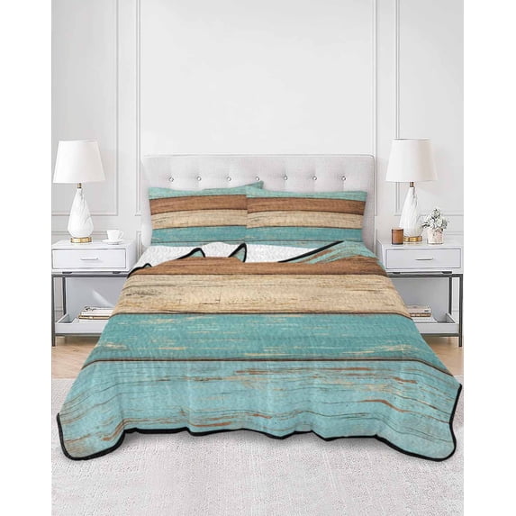 Quilts Twin Size, Farmhouse Aqua Brown Soft Comforter Bedding Set for Bed, Vintage Wooden Striped Lightweight Quilted Bedspread with Pillow Cover(2 Pieces) for All Season, 68x86 Inch