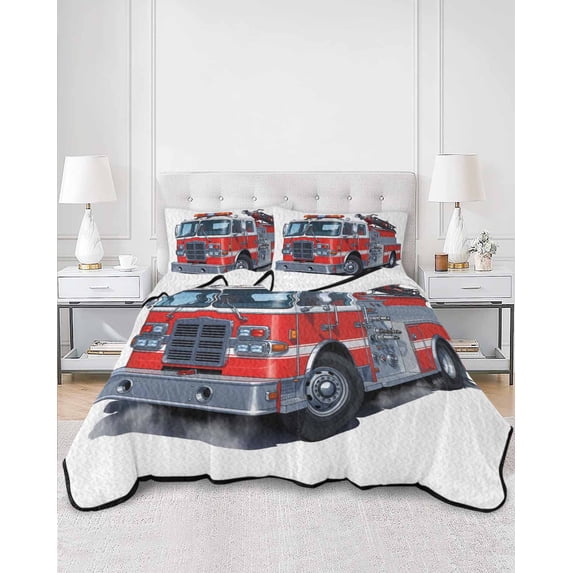 Quilts Twin Size, Fire Trucks Soft Comforter Bedding Set for Bed, Modern Cartoons Vehicles Lightweight Quilted Bedspread with Pillow Cover(2 Pieces) for All Season, 68x86 Inch