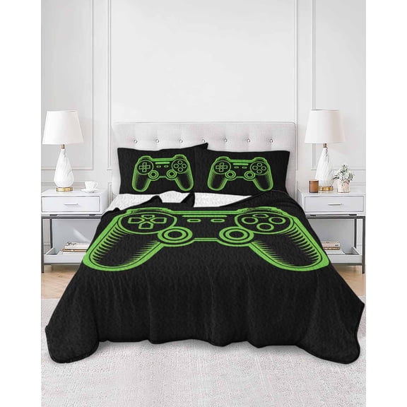 Quilts Twin Size, Green Game Controller Soft Comforter Bedding Set for Bed, Modern Art Gaming Handheld Black Lightweight Quilted Bedspread with Pillow Cover(2 Pieces) for All Season, 68x86 Inch