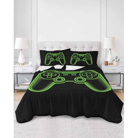 Quilts Twin Size, Green Game Controller Soft Comforter Bedding Set for Bed, Modern Art Gaming Handheld Black Lightweight Quilted Bedspread with Pillow Cover(2 Pieces) for All Season, 68x86 Inch