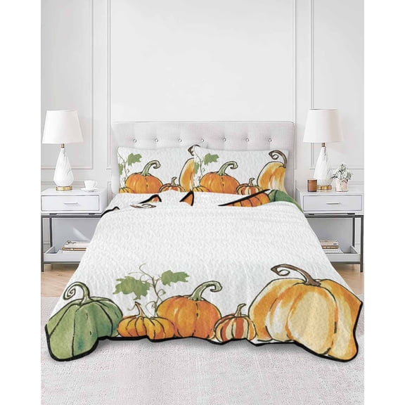 Quilts Twin Size, Green Orange Pumpkin Soft Comforter Bedding Set for Bed, Fall Thanksgiving Botanical Cartoon Lightweight Quilted Bedspread with Pillow Cover(2 Pieces) for All Season, 68x86 Inch