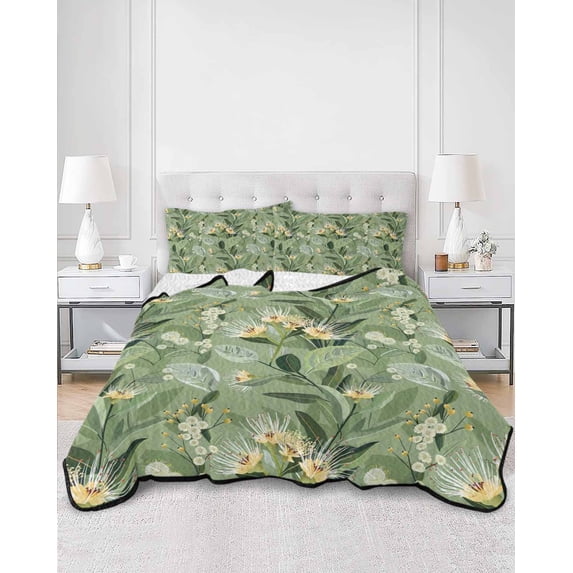 Quilts Twin Size, Green Summer Botanical Soft Comforter Bedding Set for Bed, Yellow Spring Floral Lightweight Quilted Bedspread with Pillow Cover(2 Pieces) for All Season, 68x86 Inch
