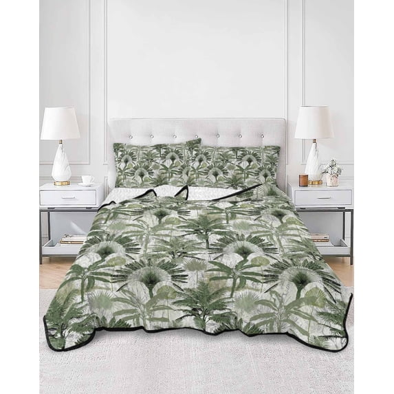Quilts Twin Size, Green Tropical Leaves Soft Comforter Bedding Set for Bed, Summer Palm Trees Botanical Lightweight Quilted Bedspread with Pillow Cover(2 Pieces) for All Season, 68x86 Inch