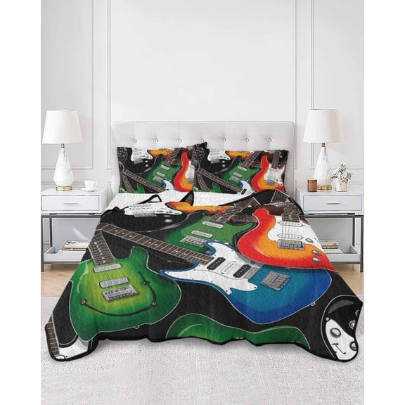 Quilts Twin Size, Guitar Soft Comforter Bedding Set for Bed, Cartoon Modern Colorful Guitars Lightweight Quilted Bedspread with Pillow Cover(2 Pieces) for All Season, 68x86 Inch