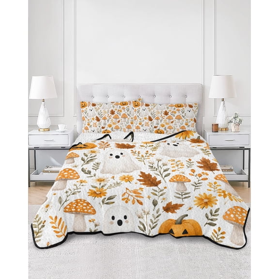 Quilts Twin Size, Halloween Soft Comforter Bedding Set for Bed, Ghost Pumpkins Mushroom Leaves Holiday Lightweight Quilted Bedspread with Pillow Cover(2 Pieces) for All Season, 68x86 Inch
