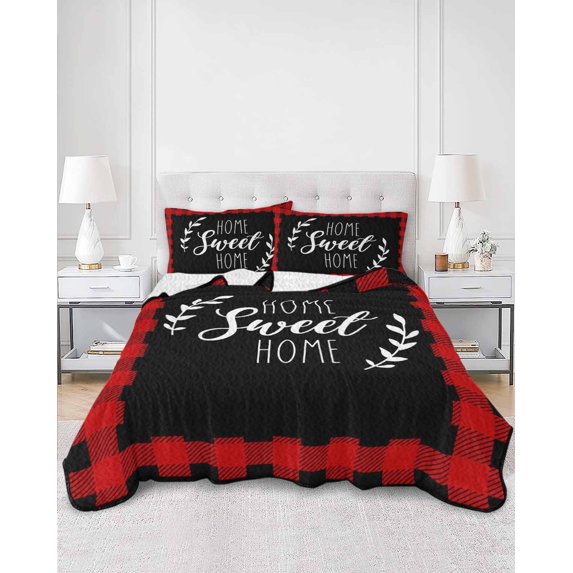 Quilts Twin Size, Home Sweet Buffalo Plaid Soft Comforter Bedding Set for Bed, Farmhouse Black Red Checker Lightweight Quilted Bedspread with Pillow Cover(2 Pieces) for All Season, 68x86 Inch