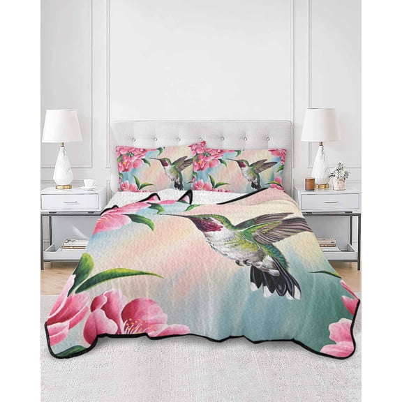 Quilts Twin Size, Hummingbird Soft Comforter Bedding Set for Bed, Spring Summer Pink Red Flower Leaf Lightweight Quilted Bedspread with Pillow Cover(2 Pieces) for All Season, 68x86 Inch