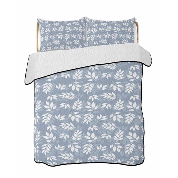 Quilts Twin Size, Light Blue White Leaves Soft Comforter Bedding Set for Bed, Spring Pastoral Rustic Botanical Lightweight Quilted Bedspread with Pillow Cover(2 Pieces) for All Season, 68x86 Inch