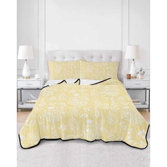 Quilts Twin Size, Light Yellow Botanical Soft Comforter Bedding Set for Bed, Spring Summer Chic Wildflowers Lightweight Quilted Bedspread with Pillow Cover(2 Pieces) for All Season, 68x86 Inch