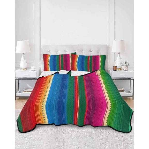 Quilts Twin Size, Mexican Stripes Soft Comforter Bedding Set for Bed, Blue Boho Red Green Orange Art Simple Lightweight Quilted Bedspread with Pillow Cover(2 Pieces) for All Season, 68x86 Inch