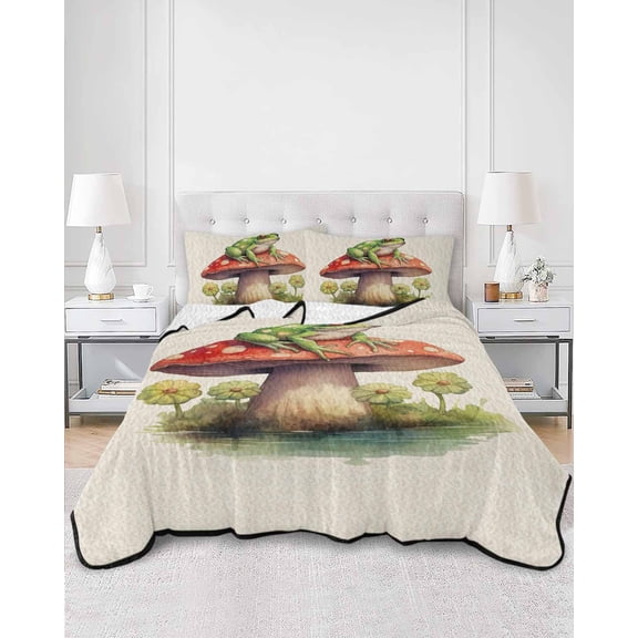 Quilts Twin Size, Mushroom Frogs Soft Comforter Bedding Set for Bed, Spring Floral Green Botanical Rustic Lightweight Quilted Bedspread with Pillow Cover(2 Pieces) for All Season, 68x86 Inch