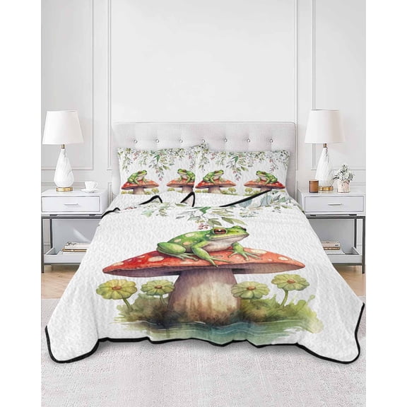 Quilts Twin Size, Mushroom Frogs Soft Comforter Bedding Set for Bed, Spring Floral Summer Eucalyptus Leaves Lightweight Quilted Bedspread with Pillow Cover(2 Pieces) for All Season, 68x86 Inch
