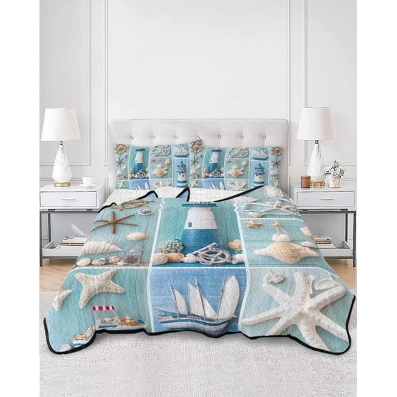 Quilts Twin Size, Nautical Lighthouse Soft Comforter Bedding Set for Bed, Ocean Starfish Anchor Sailboat Shell Lightweight Quilted Bedspread with Pillow Cover(2 Pieces) for All Season, 68x86 Inch