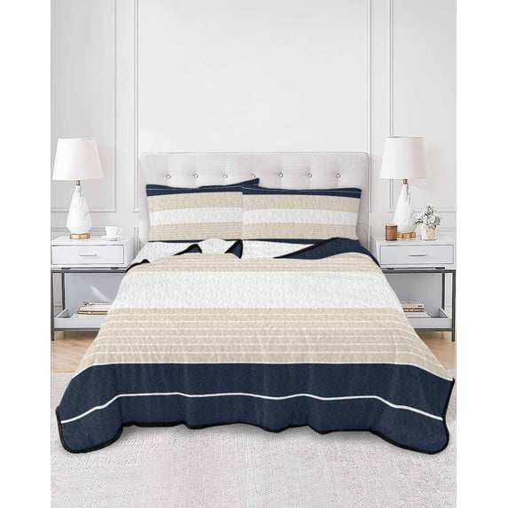 Quilts Twin Size, Navy Beige Striped Soft Comforter Bedding Set for Bed, Gradient Geometric Blue White Lightweight Quilted Bedspread with Pillow Cover(2 Pieces) for All Season, 68x86 Inch