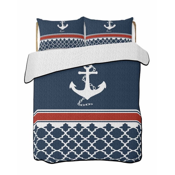 Quilts Twin Size, Navy Blue Anchor Soft Comforter Bedding Set for Bed, Nautical Ocean Retro Striped Geometric Lightweight Quilted Bedspread with Pillow Cover(2 Pieces) for All Season, 68x86 Inch