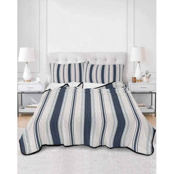 Quilts Twin Size, Navy Blue Beige Soft Comforter Bedding Set for Bed, Retro Simple Abstract Vertical Stripes Lightweight Quilted Bedspread with Pillow Cover(2 Pieces) for All Season, 68x86 Inch