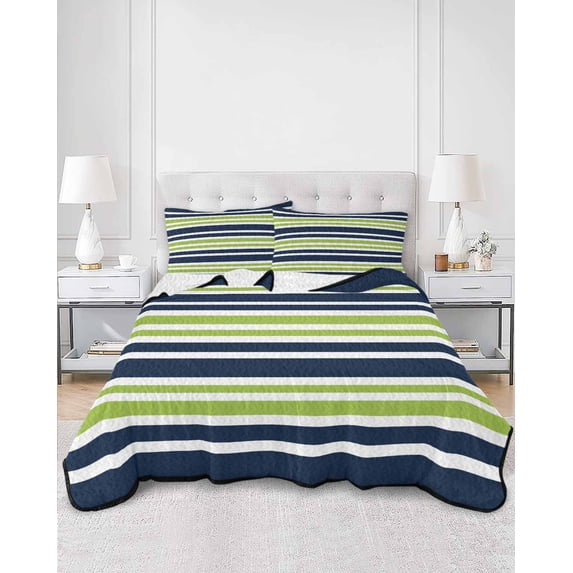 Quilts Twin Size, Navy Blue Green Striped Soft Comforter Bedding Set for Bed, Gradient Horizontal Lines Lightweight Quilted Bedspread with Pillow Cover(2 Pieces) for All Season, 68x86 Inch